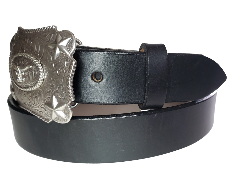 Our Kids/Youth Belt Combo is a great choice who's wants to be like dad or mom! Belt leather that is approx. 1/8"thick. The width is 1 1/4" and this Combo includes a 2" x 2 1/2" sized Western styled Nickle plated Rectangle shaped buckle with a Longhorn framed with Stars completed with a rope edge. Buckle snaps in place for easy changing if desired. Choose a Black or Distressed Brown Leather belt for the Combo. Made in our Smyrna, TN, USA shop. NO names on this belt. 