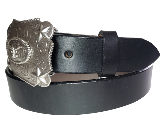 Our Kids/Youth Belt Combo is a great choice who's wants to be like dad or mom! Belt leather that is approx. 1/8"thick. The width is 1 1/4" and this Combo includes a 2" x 2 1/2" sized Western styled Nickle plated Rectangle shaped buckle with a Longhorn framed with Stars completed with a rope edge. Buckle snaps in place for easy changing if desired. Choose a Black or Distressed Brown Leather belt for the Combo. Made in our Smyrna, TN, USA shop. NO names on this belt. 