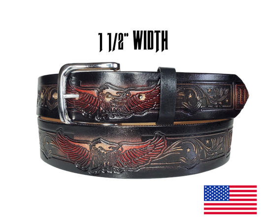 This USA made veg-tan leather belt is approx. 1/8" thick, 1 1/2"width with no fillers to split or rip apart. The belt features Eagles with block style LIVE TO RIDE pattern around the entire belt in black and red. The leather is comfortable from day one   Buckle is snapped on for easy buckle change. Colors may vary do to the manufacturing process. We don't make this belt but it's Buckle and Hide approved and still made in the USA. There is not a NAME option on this belt.