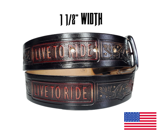 This USA made veg-tan leather belt is approx. 1/8" thick, 1 1/2"width with no fillers to split or rip apart. The belt features Eagles with block style LIVE TO RIDE pattern around the entire belt in black and red. The leather is comfortable from day one   Buckle is snapped on for easy buckle change. Colors may vary do to the manufacturing process. We don't make this belt but it's Buckle and Hide approved and still made in the USA. There is not a NAME option on this belt.