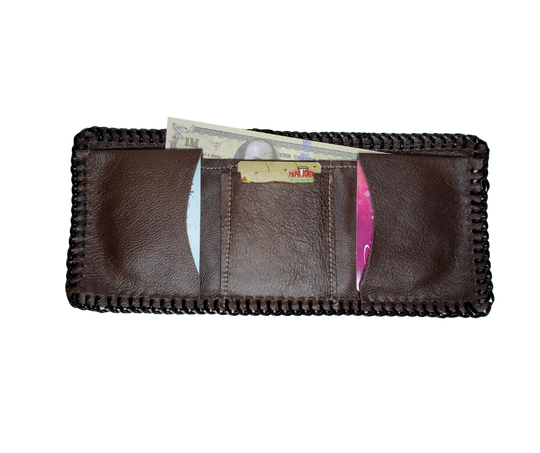 Here's a long time favorite, the Classic laced wallet. These have been around for years and the only wallet some will use. Hand laced with plastic and made from garment leather they are soft and pliable. The inside layout and COLOR will vary, pictured is the most common inside layout. Choose PLAIN Black or PLAIN brown.