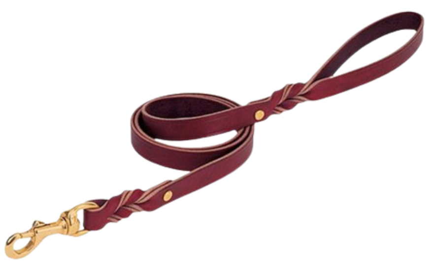 Constructed of single-ply burgundy latigo leather with a Twist! This leash features the styling trainers prefer with its twisted accents at the snap and handle ends. Includes solid brass swivel snap and brass plated rivets. Measures 3/4" x 6'. Available at our Smyrna, TN shop just outside Nashville.    