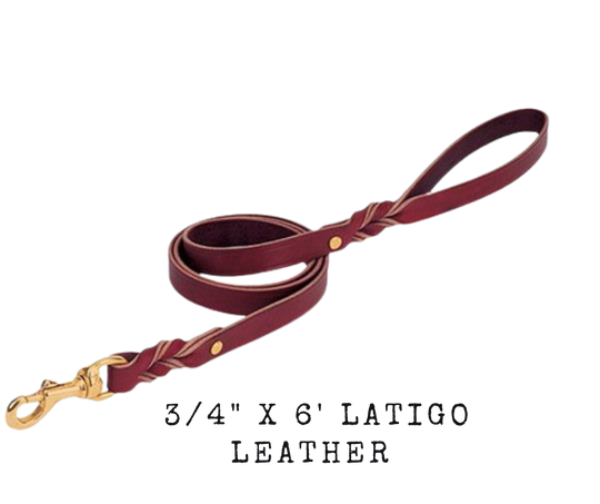 Constructed of single-ply burgundy latigo leather with a Twist! This leash features the styling trainers prefer with its twisted accents at the snap and handle ends. Includes solid brass swivel snap and brass plated rivets. Measures 3/4" x 6'. Available at our Smyrna, TN shop just outside Nashville.    