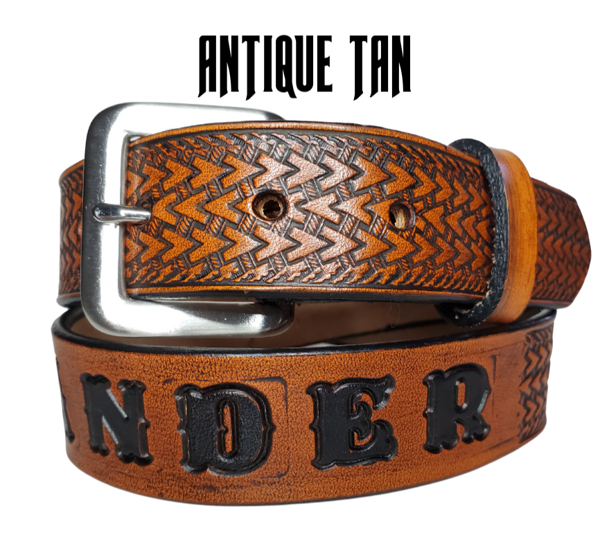 Our "Lil Wayfarer" is just like the Wayfarer' for dad or mom. Full grain American vegetable tanned cowhide approx. 1/8"thick. Width is 1 1/4" and includes Antique Nickle plated Solid Brass buckle. We Hand Finish with each belt. Edges are smooth burnished painted edges. Made in our Smyrna, TN, USA shop. Buckle snaps in place for easy changing if desired.  Choose with or without name