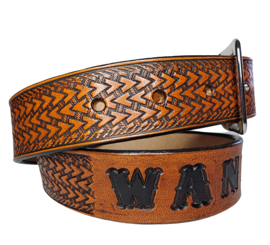 Our "Lil Wayfarer" is just like the Wayfarer' for dad or mom. Full grain American vegetable tanned cowhide approx. 1/8"thick. Width is 1 1/4" and includes Antique Nickle plated Solid Brass buckle. We Hand Finish with each belt. Edges are smooth burnished painted edges. Made in our Smyrna, TN, USA shop. Buckle snaps in place for easy changing if desired.  Choose with or without name