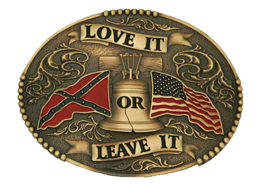 Antique Brass Belt Buckle with Love It or Leave It design Made in Mexico Fits Belts up to 1 3/4" wide Dimensions 3" x 4" Available online and in our retail shop in Smyrna, TN, just outside of Nashville