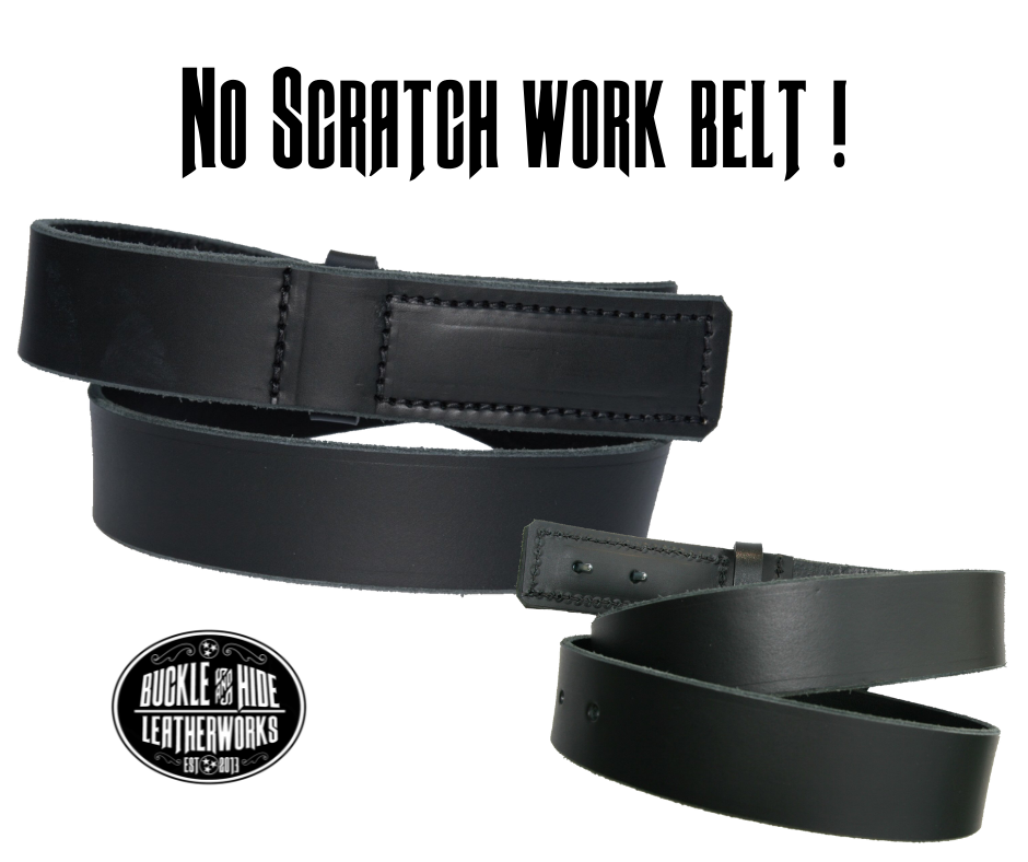 This MECHANIC style solid strip of drum dyed black cowhide leather has a satin finish surface. The strap is 1 1/2" wide, approximately 1/8" thick, in sizes from 34" to 44" from outer most buckle prong to hole most worn. The hidden, 2 prong buckle is ideal for people working on things that could be scratched or damaged by a regular buckle. Handmade in our Smyrna, TN shop, just outside Nashville. Please see sizing instructions for your best fit.