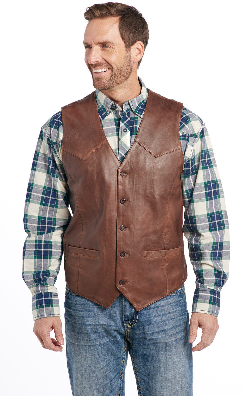 Soft Lightweight Lamb Leather Buttoned vest with snap front closure. This vest has solid sides and a 3 panel back. Available for purchase in our leather shop in Smyrna, TN, near Nashville. Available in sizes S to 3x in Smyrna, TN shop just outside Nashville. Imported.