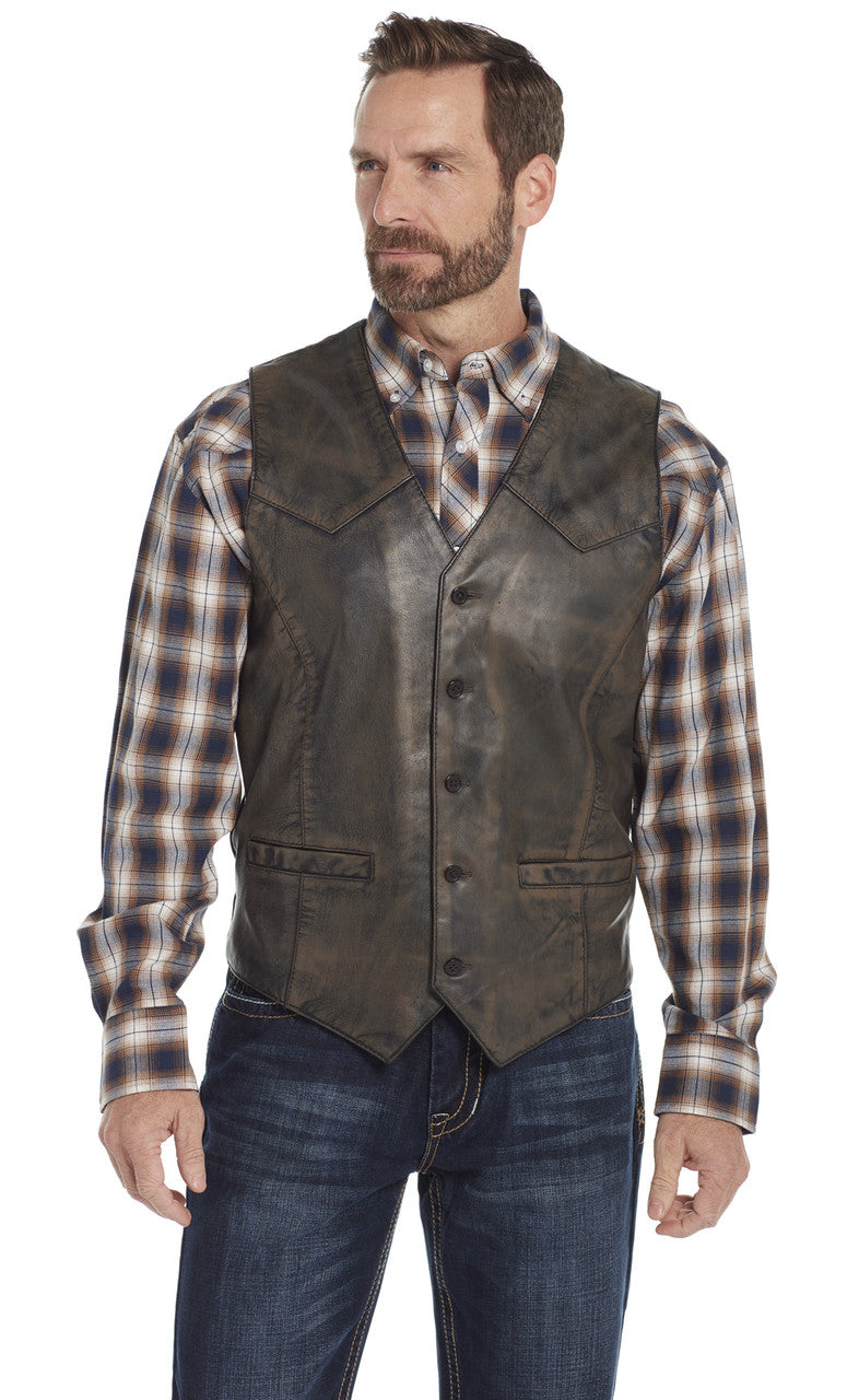 Soft Lightweight Lamb Leather Buttoned vest with snap front closure. This vest has solid sides and a 3 panel back. Available for purchase in our leather shop in Smyrna, TN, near Nashville. Available in sizes S to 3x in Smyrna, TN shop just outside Nashville. Imported.