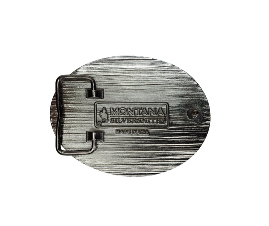 Antiqued silver Semi Truck Attitude buckle. Western scroll pattern around the truck. Standard 1.5 belt swivel Available at our shop just outside Nashville in Smyrna, TN. Dimensions: Width 4.00" Height 3.25" Length 0.80"