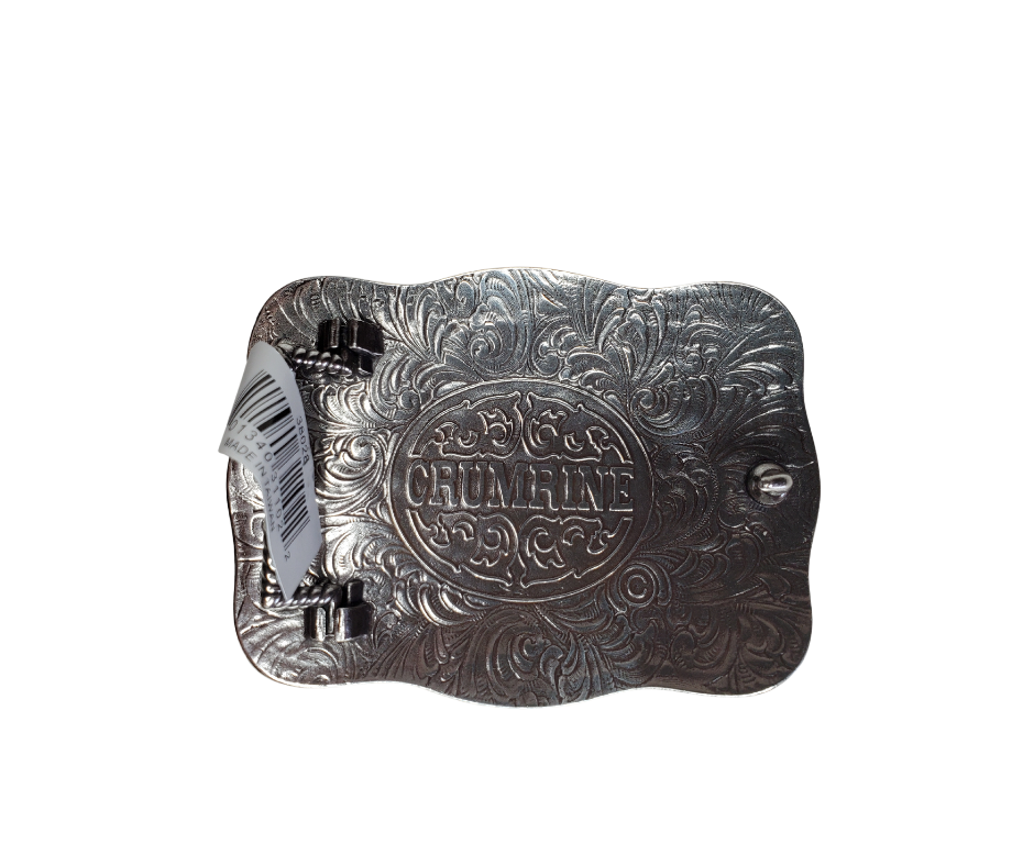 Embodying the spirit of the world's most dangerous bull, this rectangular buckle features Barbwire edges, a Western scroll design background, and a bold Bullrider. With dimensions of approximately 3" by 4", it can easily accommodate belts up to 1 1/2" wide. Find it in our retail shop in Smyrna, TN, just outside of Nashville, or in our online store.&nbsp;