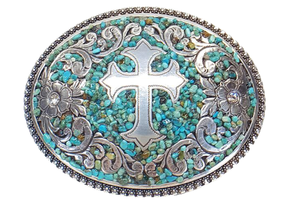 This Nocona buckle has a silver colored base with a raised Cross and Floral Filigree design. The design is revealed through a textured bed of glazed tiny pebbles, in turquoise color with earth tone highlights. The center of the flowers, on each end, displays a clear crystal. A beautiful buckle, from Blazin Roxx, that stands out with class. Fitting a belt of 1 1/2" wide, it's comfortable oval shape is 3 1/8" tall by 4" wide. Available for purchase online or in our shop in Smyrna, TN, just outside Nashville.