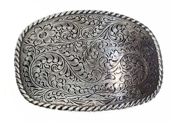 This rectangular shaped buckle by Nocona has rounded edges with rope design around the border. It is chrome colored with scroll design etched appearance on surface.  Measures 2 3/4" tall by 3 3/4" wide and fits belts up to 1 1/2" wide.  It is available for purchase in our retail shop in Smyrna, TN, just outside Nashville and also on the online store. Made in Taiwan.