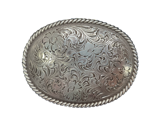 This oval shaped buckle by Nocona has a rope design around the border. It is chrome colored with scroll design etched appearance on surface.  Measures 2 3/4" tall by 3 3/4" wide and fits belts up to 1 1/2" wide.  It is available for purchase in our retail shop in Smyrna, TN, just outside Nashville and also on our online store. Made in Taiwan.