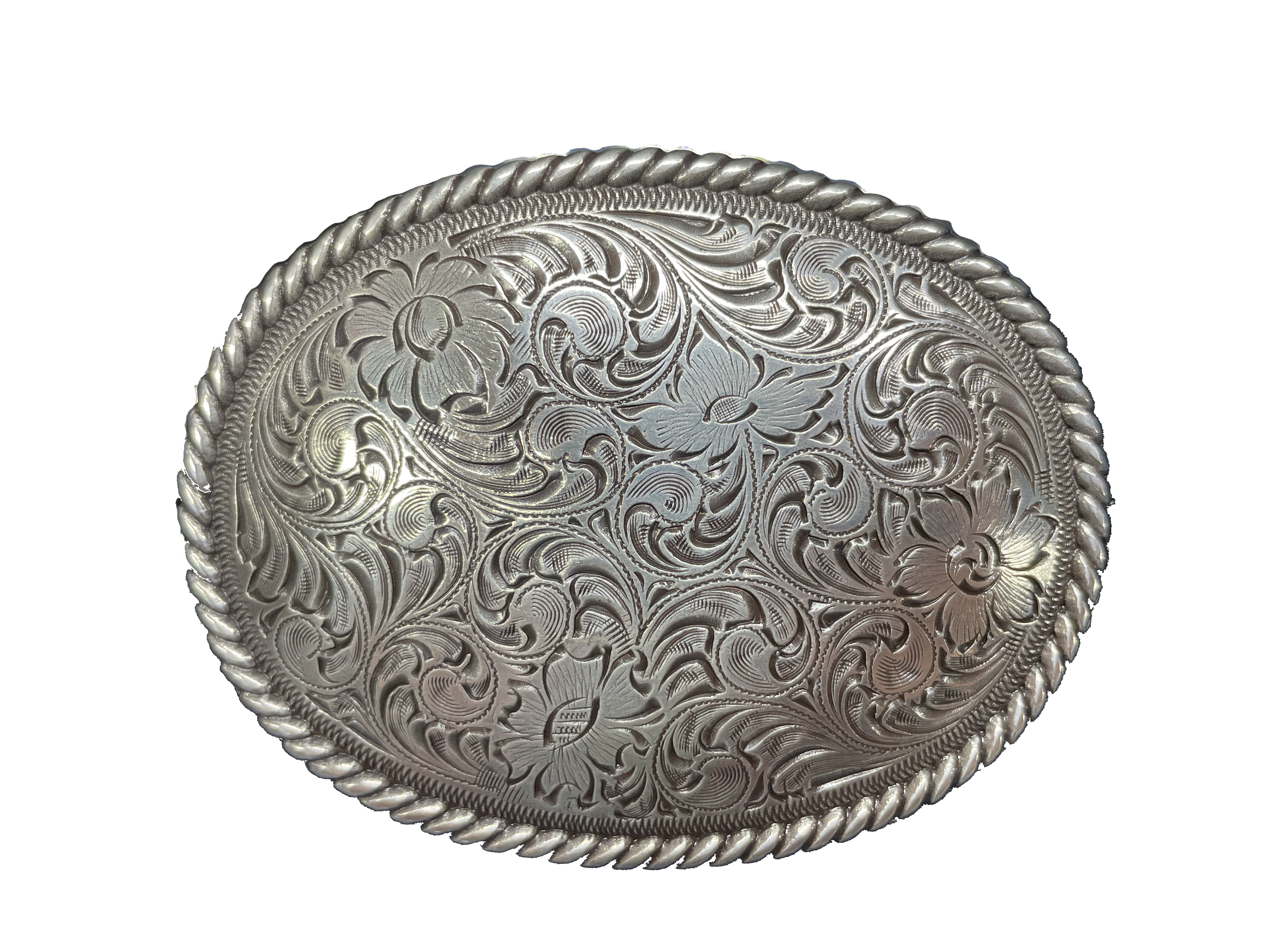 This oval shaped buckle by Nocona has a rope design around the border. It is chrome colored with scroll design etched appearance on surface.  Measures 2 3/4" tall by 3 3/4" wide and fits belts up to 1 1/2" wide.  It is available for purchase in our retail shop in Smyrna, TN, just outside Nashville and also on our online store. Made in Taiwan.