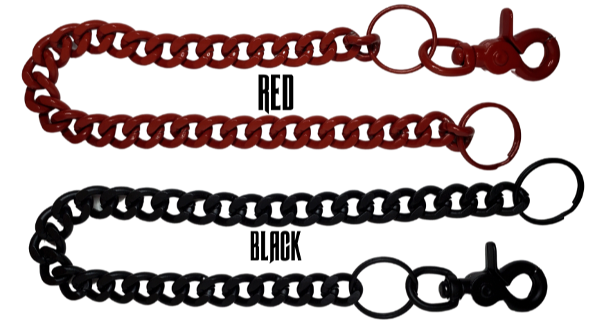 Your wallet chain can now match your Bike, Club Colors, or simply because you like Red or Black. The sturdy keychain on one end attaches to your wallet, while the claw clasp on the other end attaches to YOU! The Powder Coating has great resistance to peeling or turning color.  Available right here online or in our shop just outside Nashville in Smyrna, TN.