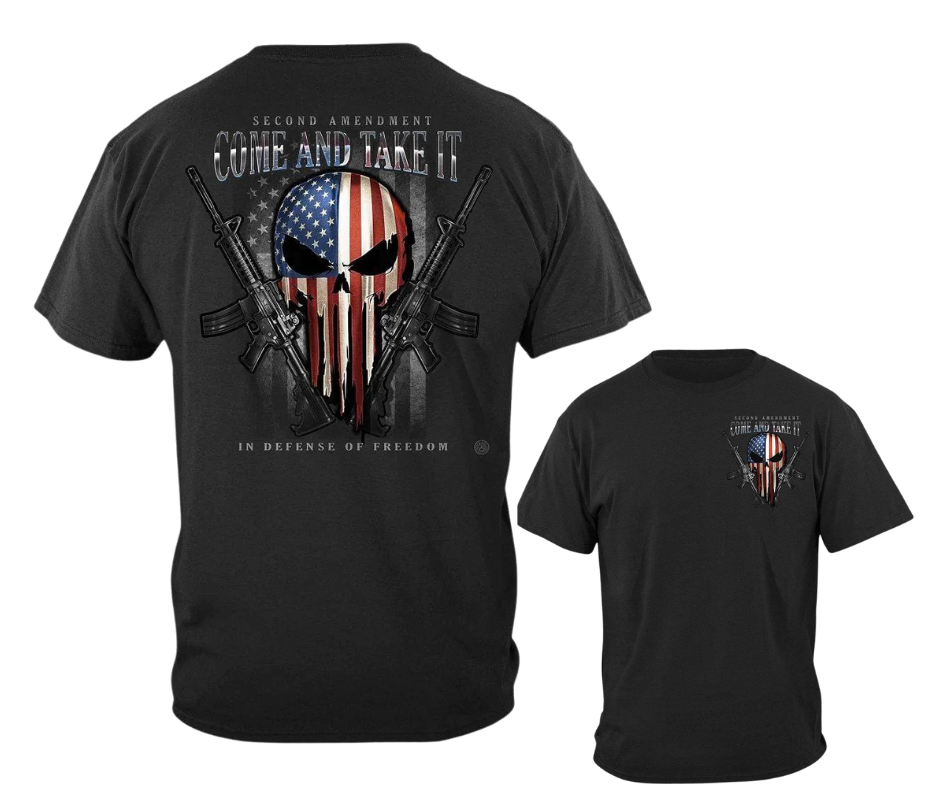 If you appreciate FREEDOM you'll be proud to wear this shirt! Red, White and Blue Punisher style flag on the back with Come and Take it in bold letters.  Available online and in our retail shop in Smyrna, TN.