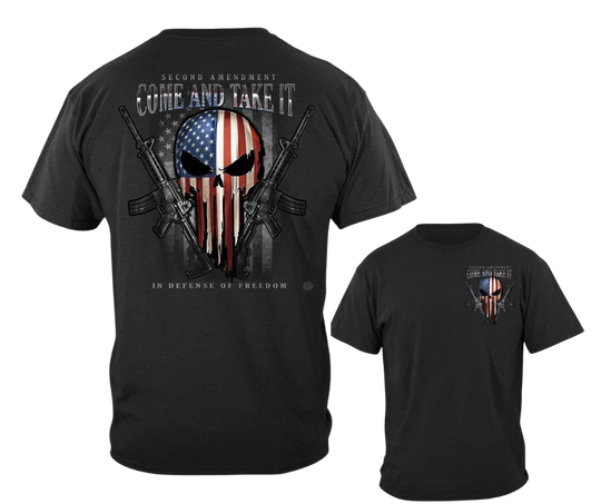 If you appreciate FREEDOM you'll be proud to wear this shirt! Red, White and Blue Punisher style flag on the back with Come and Take it in bold letters.  Available online and in our retail shop in Smyrna, TN.