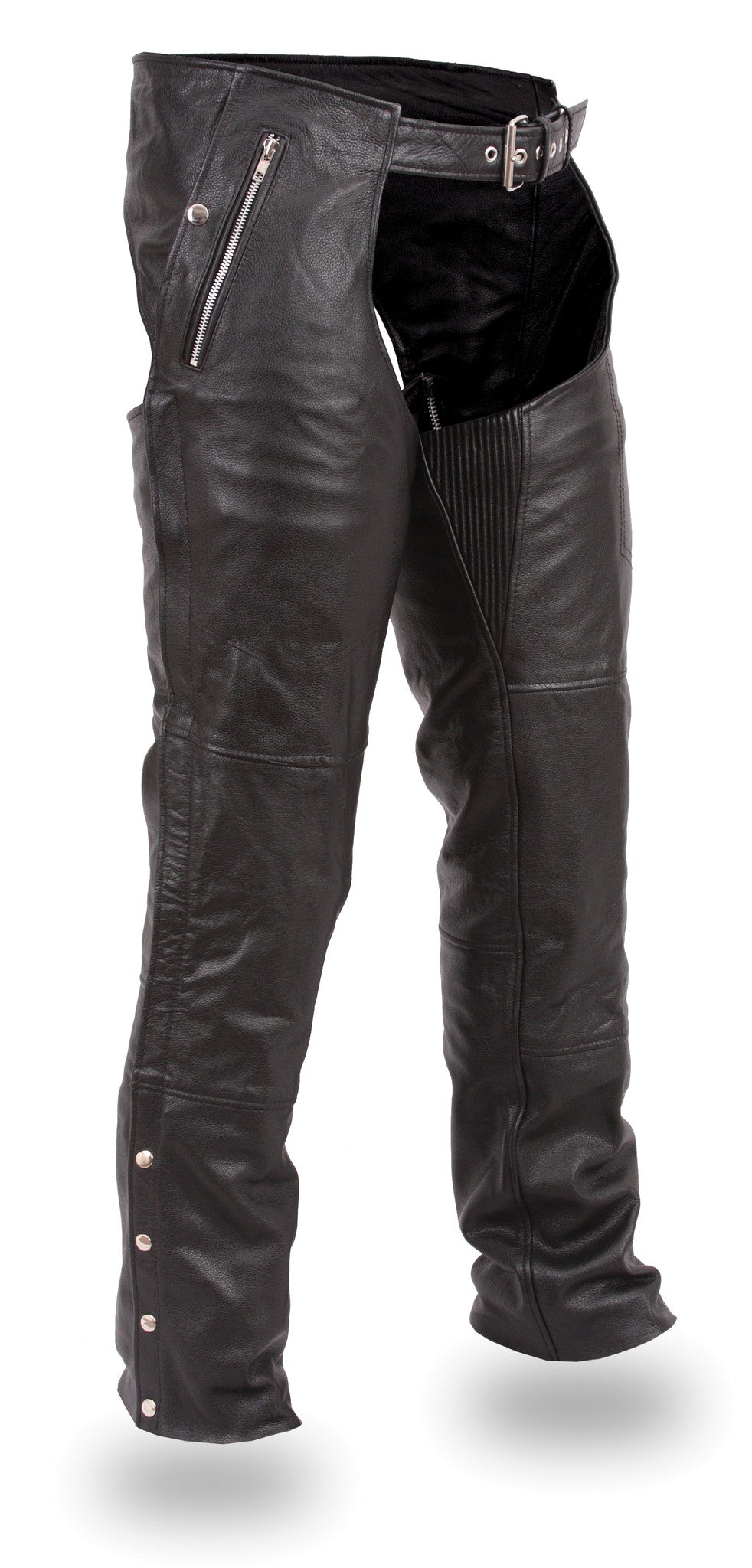 The "Patriot" Premium Unisex Black Snap-out Liner Leather Chaps are our shop's best selling chaps every year. These are 2 chaps in one pair...A snapped in quilted lining (just like in many jackets) for those cold morning and nights. We chose a snapped in liner because a snap is way easier to fix than the zip in liners. Sizes XS-5X&nbsp; Unisex Sizing are available in our Smyrna TN, shop not far from Nashville.