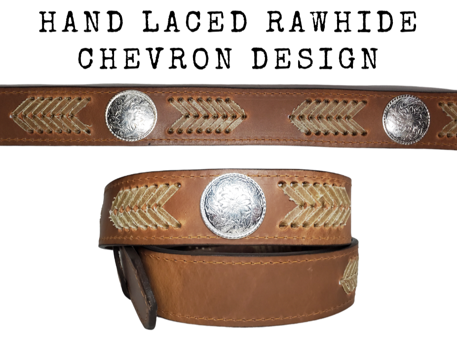 The Rawhide leather belt features Hand Laced Rawhide down the Center with Western design Conchos. Available in a 1 1/2" width. Full grain Distressed cowhide approx. 1/8"thick. Width 1 1/2" and includes Antique nickel buckle, Smooth burnished painted edges. Available at our Smyrna, TN shop just outside Nashville. Made in USA! 