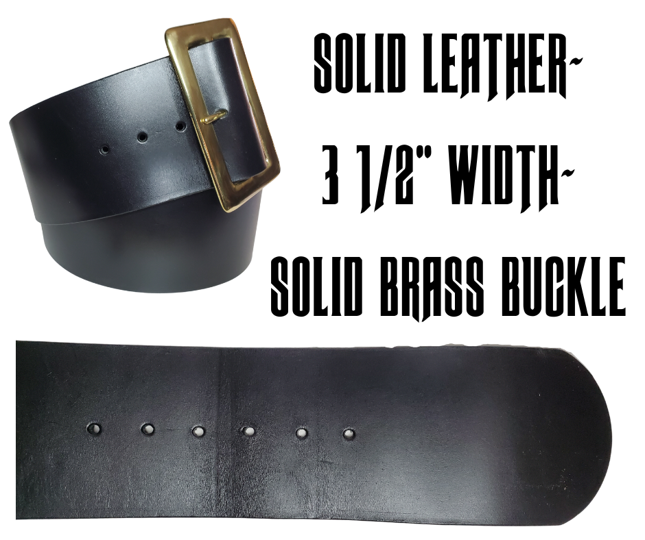 This high-quality SOLID LEATHER Santa Clause Leather Belt is sure to bring a Authentic look to your suit.&nbsp; Crafted with a Solid brass buckle, that is 3 1/2" wide for the perfect look to take your suit to the next level.&nbsp; This all Santa leather belt is made in our Smyrna, TN shop from solid Cowhide Leather approx. 1/8" thick and a riveted solid brass buckle. Due to availability please try to order prior to October.