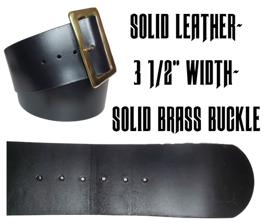 This high-quality SOLID LEATHER Santa Clause Leather Belt is sure to bring a Authentic look to your suit.&nbsp; Crafted with a Solid brass buckle, that is 3 1/2" wide for the perfect look to take your suit to the next level.&nbsp; This all Santa leather belt is made in our Smyrna, TN shop from solid Cowhide Leather approx. 1/8" thick and a riveted solid brass buckle. Due to availability please try to order prior to October.