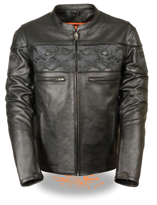 The "Appollo" is a soft but heavy cowhide black leather motorcycle riding jacket has band of Reflective Skulls around the upper torso. It comes in sizes small through 5x and is available for purchase in our shop in Smyrna, TN, just outside Nashville. It has multiple zippered pockets and vents and a zip out liner.&nbsp; It has a tab collar and zippered front.&nbsp; It also has snaps and zippers at wrists. Check out our matching Gloves.