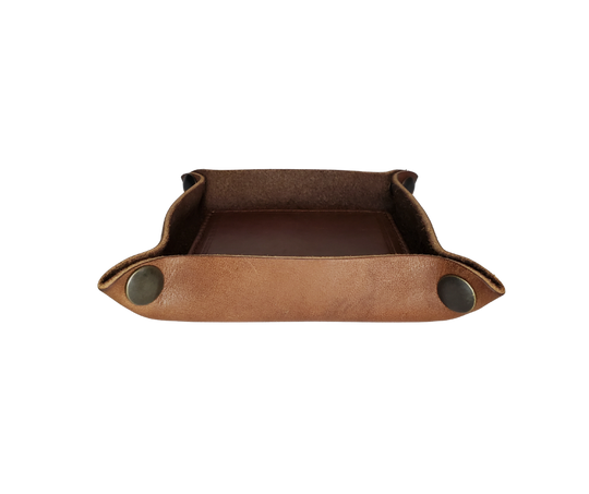 This handmade real leather valet tray has Antique Brass SNAPPED corners to FLATTEN out for easy packing for travel. It is made in our Smyrna, TN shop just outside Nashville.  The Stitched inside leather matches the outside for rustic look. It is a perfect catch-all for keeping keys and other small items in one place at the end of a long day.  Makes a great gift for groomsmen, or that special someone. ADD 3 initials, Available in 2 sizes. If you want 3 initials added, please type in CUSTOM box.