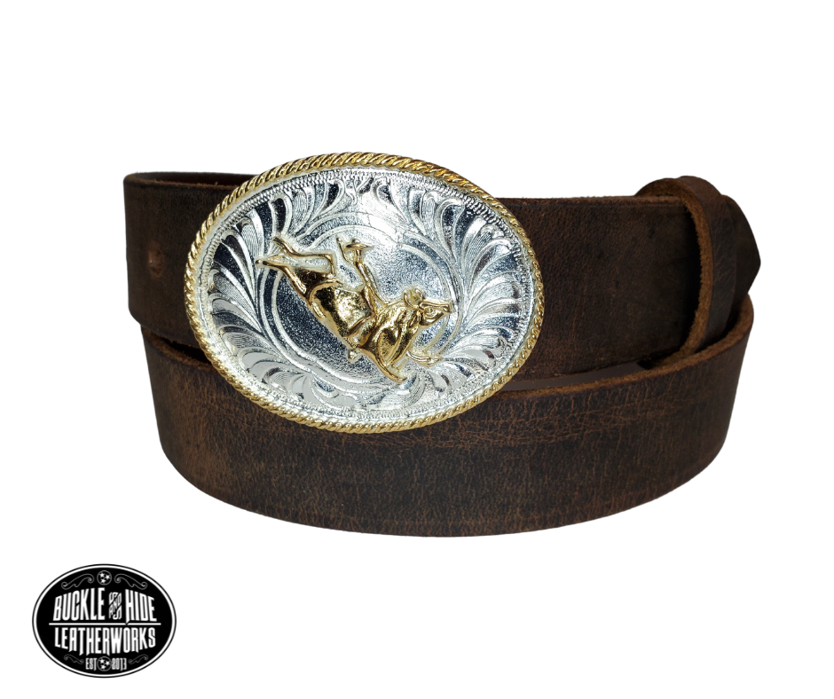 Our Kids/Youth Belt Combo is a great choice who's wants to be like dad or mom! Full grain Distressed Brown Water Buffalo or Black cowhide leather that is approx. 1/8"thick. The width is 1 1/4" and this Combo includes a 2" x 2 1/2" sized Western styled Nickle plated oval shaped buckle with a Flying Eagle completed with a rope edge. Buckle snaps in place for easy changing if desired. Choose a Black or Distressed Brown Leather belt for the Combo. Made in our Smyrna, TN, USA shop.  