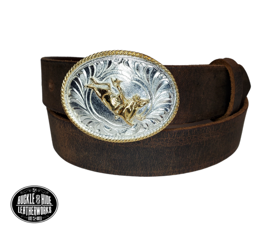 Our Kids/Youth Belt Combo is a great choice who's wants to be like dad or mom! Full grain Distressed Brown Water Buffalo or Black cowhide leather that is approx. 1/8"thick. The width is 1 1/4" and this Combo includes a 2" x 2 1/2" sized Western styled Nickle plated oval shaped buckle with a Flying Eagle completed with a rope edge. Buckle snaps in place for easy changing if desired. Choose a Black or Distressed Brown Leather belt for the Combo. Made in our Smyrna, TN, USA shop.  