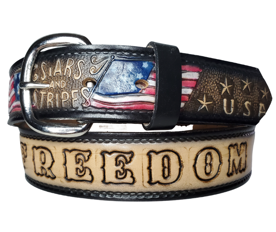 The Stars and Stripes leather belt is the Patriots go to belt! Patterned with American Flags, Stars and Stripes and USA around the belt. Available in a 1 1/2" width. Full grain vegetable tanned cowhide, Width is 1 1/2" and includes Nickle plated buckle that may be changed with Smooth burnished painted edges. In stock at our Smyrna, TN shop.