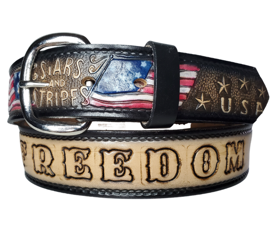 The Stars and Stripes leather belt is the Patriots go to belt! Patterned with American Flags, Stars and Stripes and USA around the belt. Available in a 1 1/2" width. Full grain vegetable tanned cowhide, Width is 1 1/2" and includes Nickle plated buckle that may be changed with Smooth burnished painted edges. In stock at our Smyrna, TN shop.