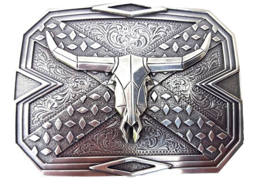 Nocona Western buckle with longhorn steer design Dimensions 2 3/4" tall by 3 3/4" wide Great for accentuating the Western look of your wardrobe Available online and in our shop in Smyrna, TN, just outside of Nashville