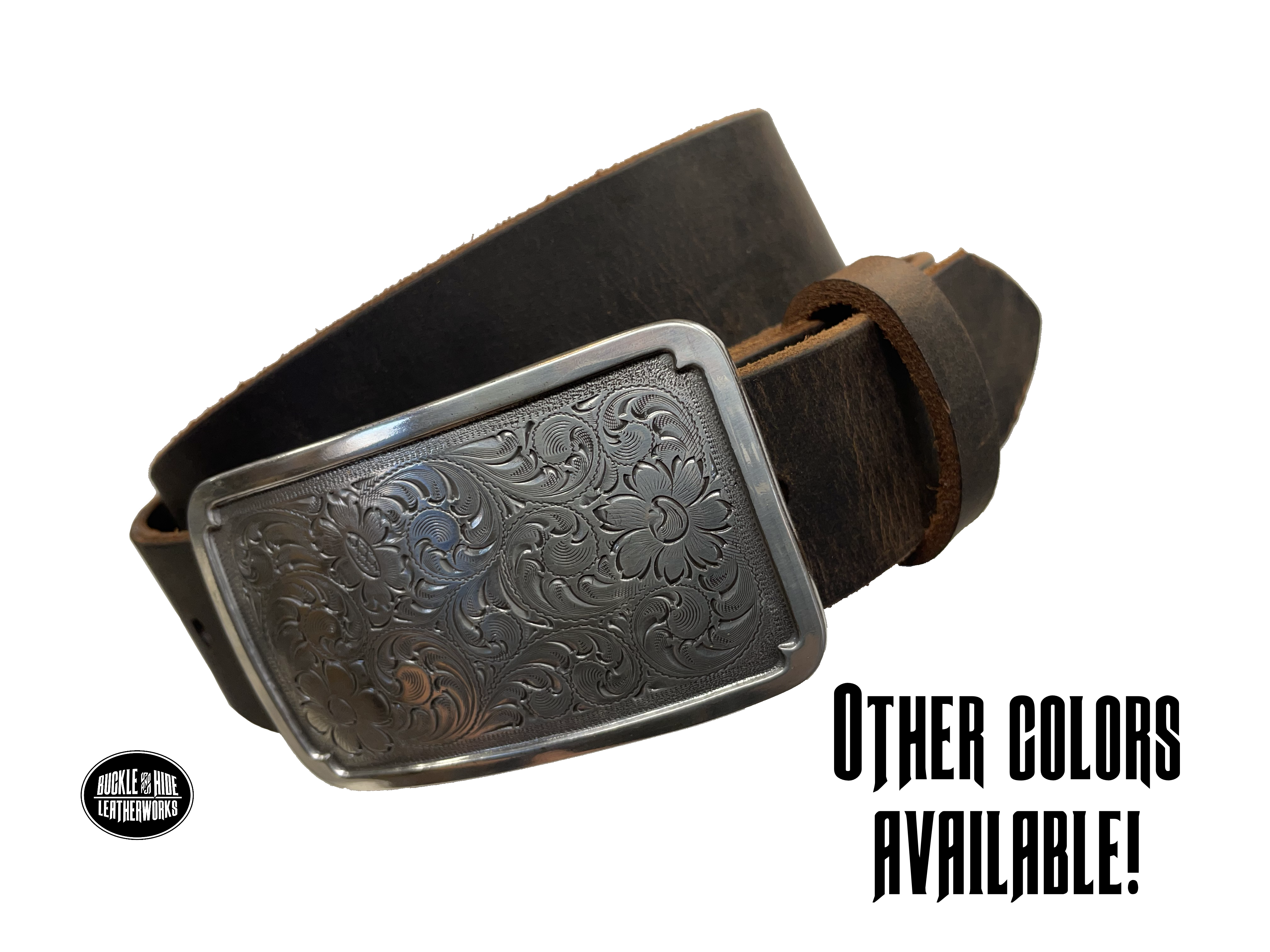 Rectangular antique silver belt buckle with western style tooling, size approx. 3" wide by 2 1/2" tall. Belt is handmade from a single strip of leather in our shop. Belt colors available are distressed brown, black, and dark brown. Buckle snaps in place for easy changing if desired.﻿ CHOOSE ONE BELT STRIP COLOR! Available online and at our shop just outside Nashville in Smyrna, TN.