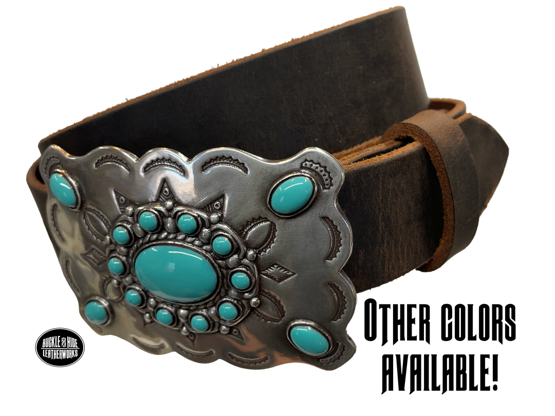 Southwestern style belt buckle with Southwestern tooling, scalloped design around edges, and simulated turquoise stones, approx. size 3 1/2" wide by 2 1/2" tall.  Color is antique silver, buckle is made of zinc. Fits belts 1 1/2" wide. Belt is handmade from a single strip of leather, choose from either distressed brown, black, or dark brown. CHOOSE ONE BELT STRIP COLOR! Available online and in our shop just outside Nashville in Smyrna, TN. Main photo.