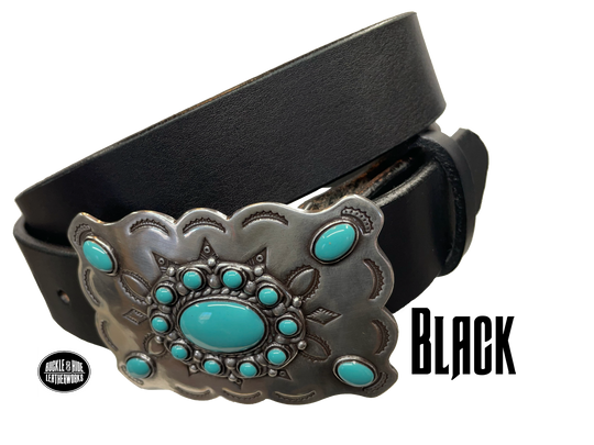 Southwestern style belt buckle with Southwestern tooling, scalloped design around edges, and simulated turquoise stones, approx. size 3 1/2" wide by 2 1/2" tall.  Color is antique silver, buckle is made of zinc. Fits belts 1 1/2" wide. Belt is handmade from a single strip of leather, choose from either distressed brown, black, or dark brown. CHOOSE ONE BELT STRIP COLOR! Available online and in our shop just outside Nashville in Smyrna, TN. Black belt.