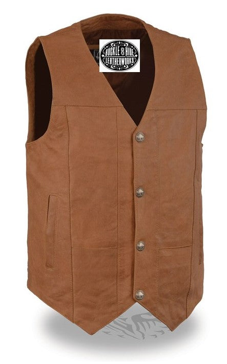 Western style Tan leather vest has v-neck and Buffalo nickel snap front. It is made from soft cowhide with slightly wrinkled look. 2 horizontal outside front lower pockets and conceal carry pockets on each inside front, back is stitched panels.&nbsp; It has a mesh lining. Available for purchase in our shop in Smyrna, TN just outside of Nashville. Available in sizes small through 5x.&nbsp;