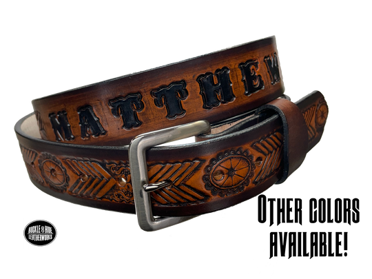 This unique belt features a chevron shape that replicates a hand-laced look, plus an oval concho. Snap-on buckle made from veg tan cowhide in your choice of finish or with a name. Crafted with care in Tennessee, just a hop, skip, and a jump away from Nashville.