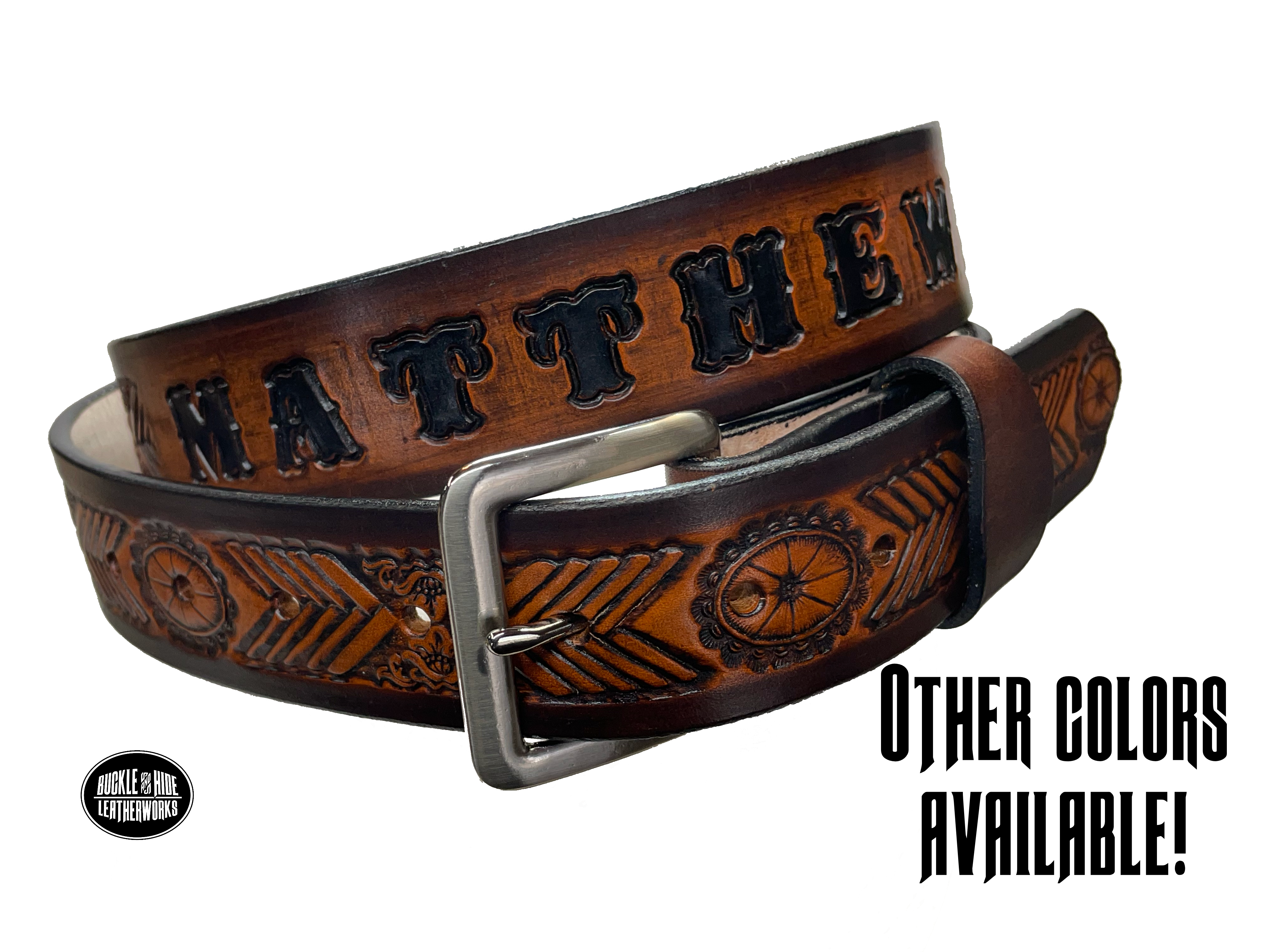 This unique belt features a chevron shape that replicates a hand-laced look, plus an oval concho. Snap-on buckle made from veg tan cowhide in your choice of finish or with a name. Crafted with care in Tennessee, just a hop, skip, and a jump away from Nashville.