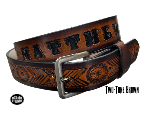 Full grain American vegetable tanned cowhide approx. 1/8"thick. Width 1 1/2" and includes Antique Nickle plated Solid Brass buckle Hand Finished in 3 color options Smooth burnished painted edges Choose with or without name, if without name, design will cover entire length of belt For name Type name desired on belt in "Type Name Here" section, no more than 8 letters maximum Buckle snaps in place for easy changing if desired Made in our Smyrna, TN, USA shop Belt Sizing Instructions