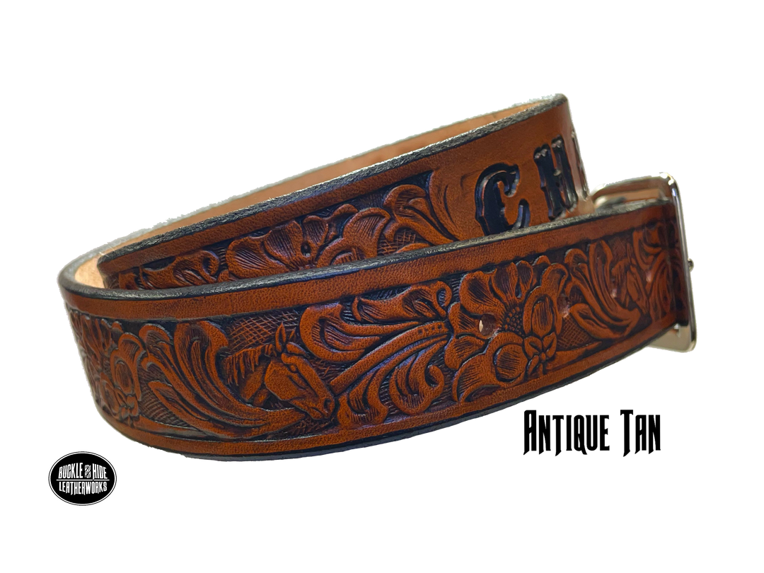 Full grain American vegetable tanned cowhide approx. 1/8"thick. Width 1 1/2" and includes Antique Nickle plated Solid Brass buckle Hand Finished in 3 color options Smooth burnished painted edges Choose with or without name, if without name, design will cover entire length of belt For name Type name desired on belt in "Type Name Here" section, no more than 8 letters maximum Buckle snaps in place for easy changing if desired Made in our Smyrna, TN, USA shop