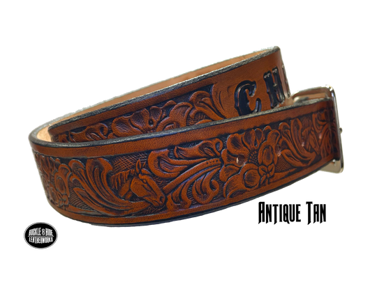 Full grain American vegetable tanned cowhide approx. 1/8"thick. Width 1 1/2" and includes Antique Nickle plated Solid Brass buckle Hand Finished in 3 color options Smooth burnished painted edges Choose with or without name, if without name, design will cover entire length of belt For name Type name desired on belt in "Type Name Here" section, no more than 8 letters maximum Buckle snaps in place for easy changing if desired Made in our Smyrna, TN, USA shop