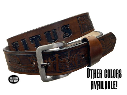 Full grain American vegetable tanned cowhide approx. 1/8"thick. Width 1 1/2" and includes Antique Nickle plated Solid Brass buckle Hand Finished in 3 color options Smooth burnished painted edges Choose with or without name, if without name, design will cover entire length of belt For name Type name desired on belt in "Type Name Here" section, no more than 8 letters maximum Buckle snaps in place for easy changing if desired Made in our Smyrna, TN, USA shop Belt Sizing Instructions