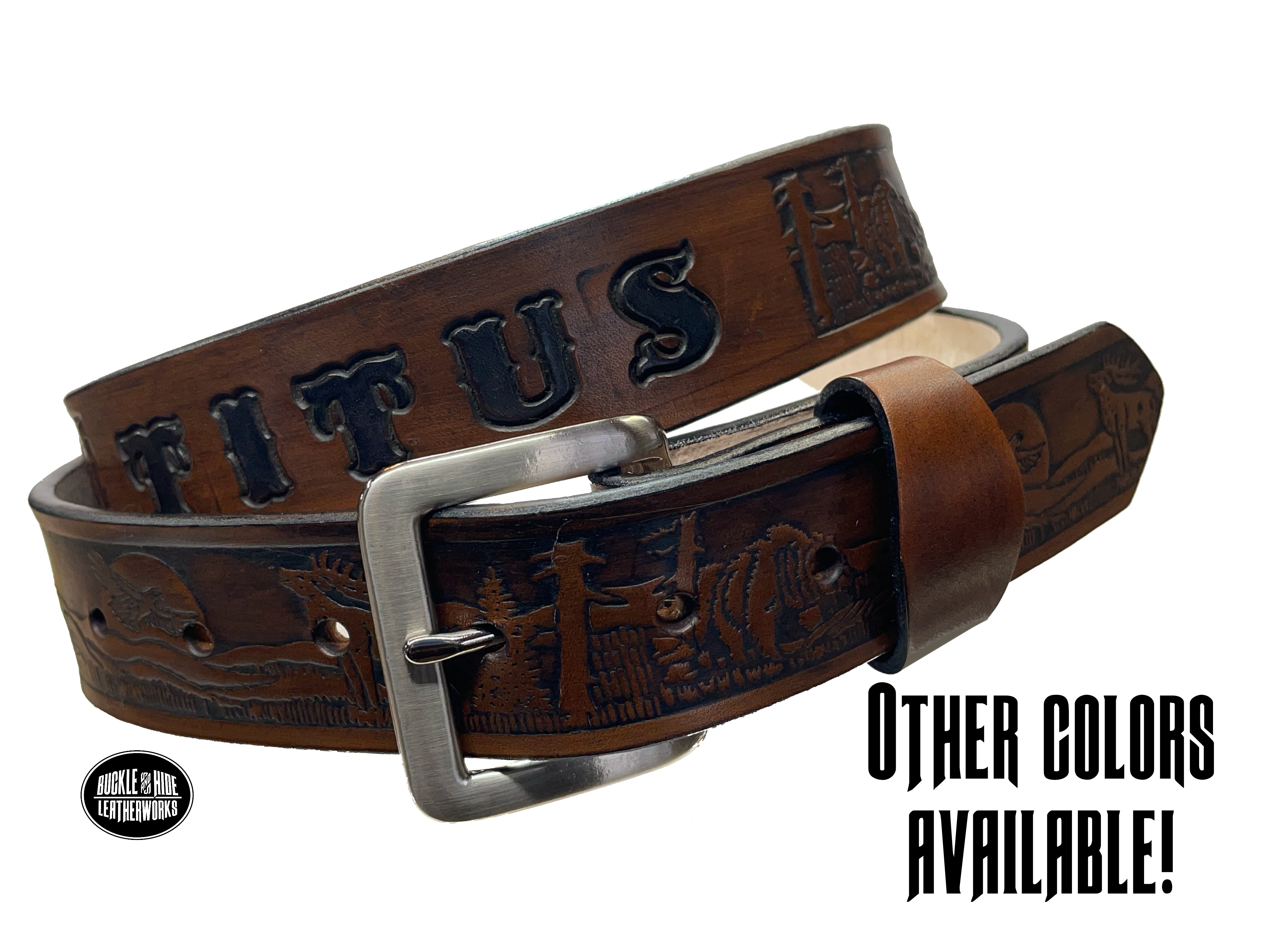 Full grain American vegetable tanned cowhide approx. 1/8"thick. Width 1 1/2" and includes Antique Nickle plated Solid Brass buckle Hand Finished in 3 color options Smooth burnished painted edges Choose with or without name, if without name, design will cover entire length of belt For name Type name desired on belt in "Type Name Here" section, no more than 8 letters maximum Buckle snaps in place for easy changing if desired Made in our Smyrna, TN, USA shop Belt Sizing Instructions