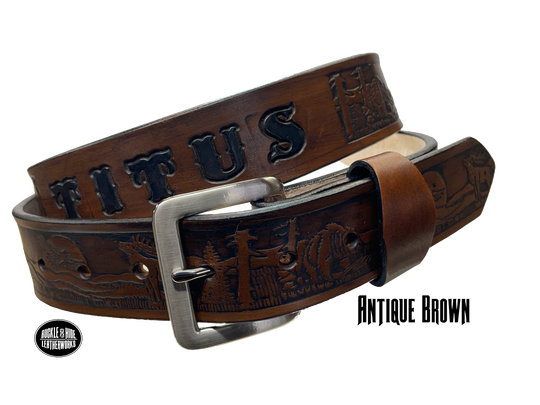 Full grain American vegetable tanned cowhide approx. 1/8"thick. Width 1 1/2" and includes Antique Nickle plated Solid Brass buckle Hand Finished in 3 color options Smooth burnished painted edges Choose with or without name, if without name, design will cover entire length of belt For name Type name desired on belt in "Type Name Here" section, no more than 8 letters maximum Buckle snaps in place for easy changing if desired Made in our Smyrna, TN, USA shop Belt Sizing Instructions