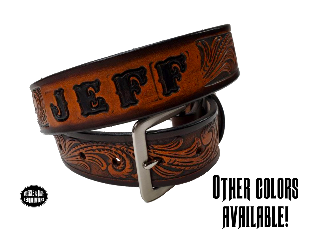 Full grain American vegetable tanned cowhide approx. 1/8"thick. Width 1 1/2" and includes Antique Nickle plated Solid Brass buckle Hand Finished in 3 color options Smooth burnished painted edges Choose with or without name, if without name, design will cover entire length of belt For name Type name desired on belt in "Type Name Here" section, no more than 8 letters maximum Buckle snaps in place for easy changing if desired Made in our Smyrna, TN, USA shop Belt Sizing Instructions