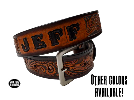 Full grain American vegetable tanned cowhide approx. 1/8"thick. Width 1 1/2" and includes Antique Nickle plated Solid Brass buckle Hand Finished in 3 color options Smooth burnished painted edges Choose with or without name, if without name, design will cover entire length of belt For name Type name desired on belt in "Type Name Here" section, no more than 8 letters maximum Buckle snaps in place for easy changing if desired Made in our Smyrna, TN, USA shop Belt Sizing Instructions