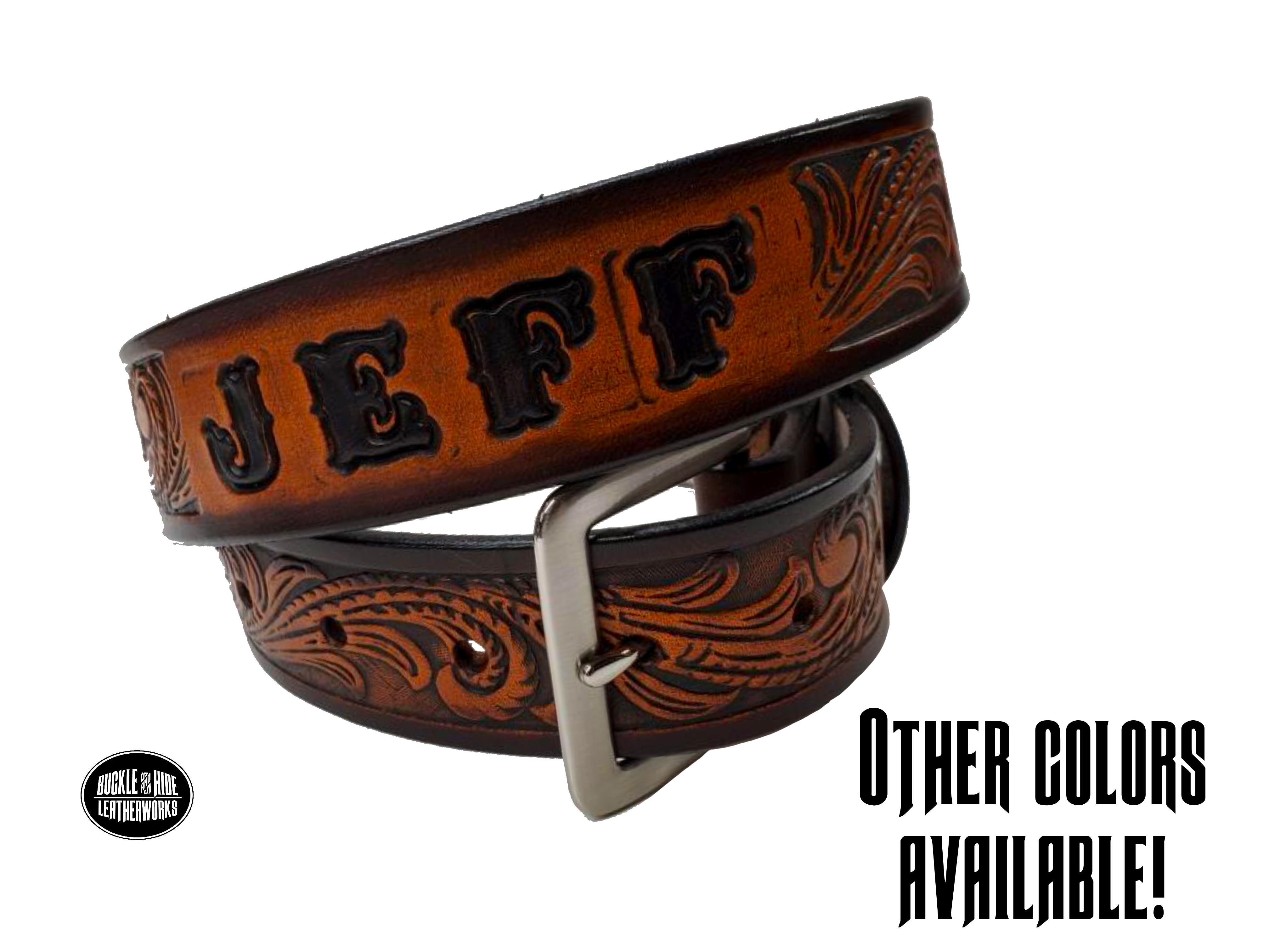 Full grain American vegetable tanned cowhide approx. 1/8"thick. Width 1 1/2" and includes Antique Nickle plated Solid Brass buckle Hand Finished in 3 color options Smooth burnished painted edges Choose with or without name, if without name, design will cover entire length of belt For name Type name desired on belt in "Type Name Here" section, no more than 8 letters maximum Buckle snaps in place for easy changing if desired Made in our Smyrna, TN, USA shop Belt Sizing Instructions