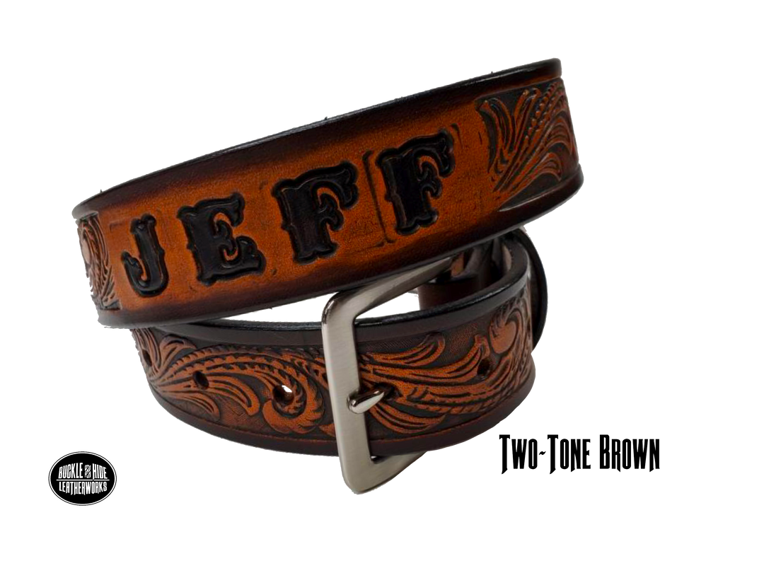 Full grain American vegetable tanned cowhide approx. 1/8"thick. Width 1 1/2" and includes Antique Nickle plated Solid Brass buckle Hand Finished in 3 color options Smooth burnished painted edges Choose with or without name, if without name, design will cover entire length of belt For name Type name desired on belt in "Type Name Here" section, no more than 8 letters maximum Buckle snaps in place for easy changing if desired Made in our Smyrna, TN, USA shop