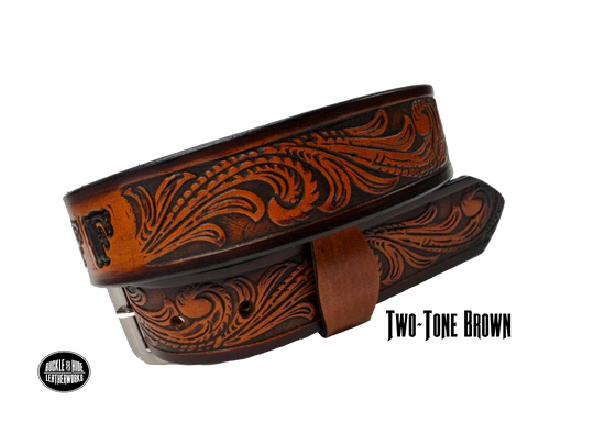 Full grain American vegetable tanned cowhide approx. 1/8"thick. Width 1 1/2" and includes Antique Nickle plated Solid Brass buckle Hand Finished in 3 color options Smooth burnished painted edges Choose with or without name, if without name, design will cover entire length of belt For name Type name desired on belt in "Type Name Here" section, no more than 8 letters maximum Buckle snaps in place for easy changing if desired Made in our Smyrna, TN, USA shop